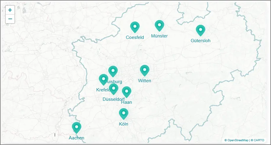 NRW-Karte mit ausgewählten Orten mit wahl-o-mat
